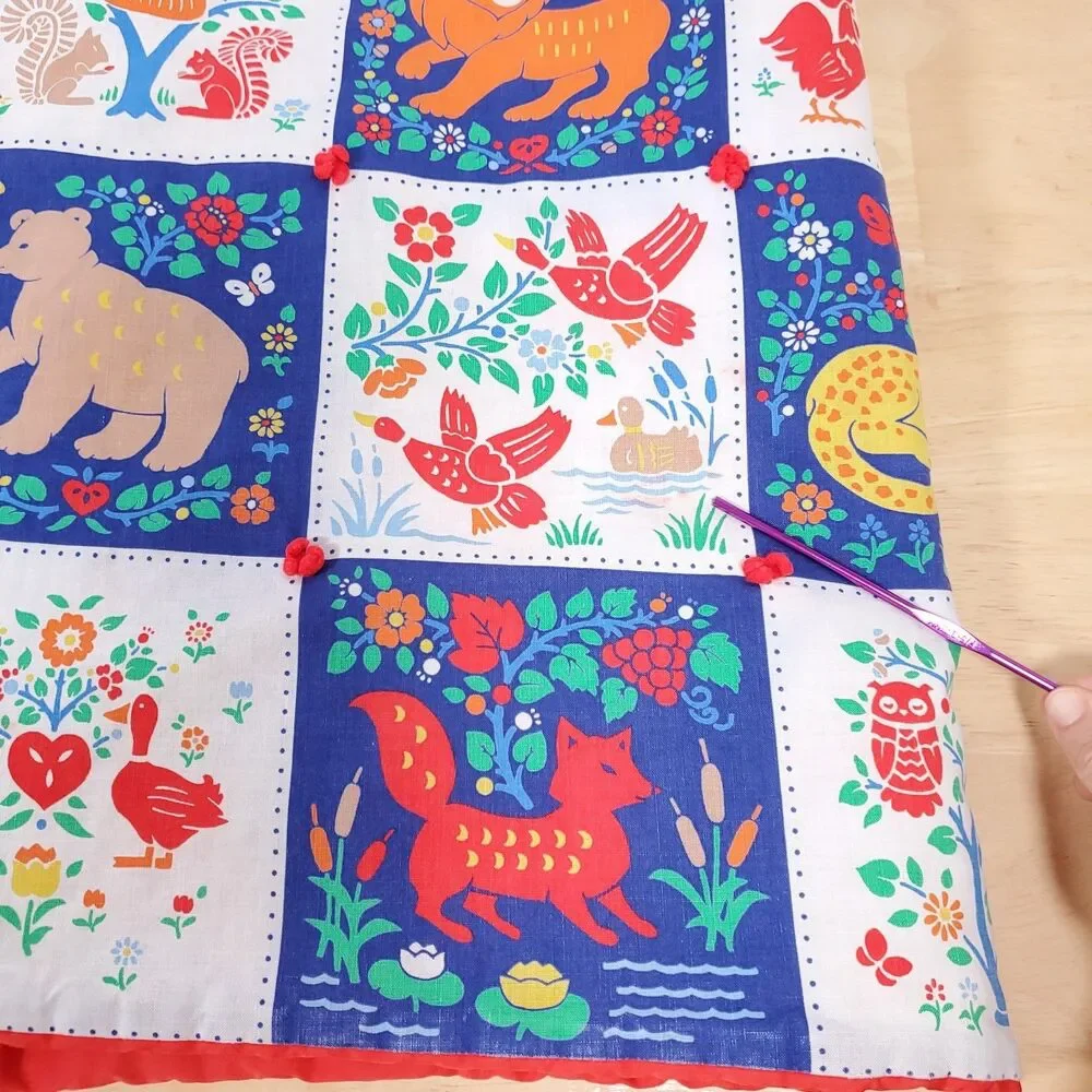 Vtg Printed Block Quilt Pattern Baby Blanket Forest Animal Fox Owl Deer Folk Art